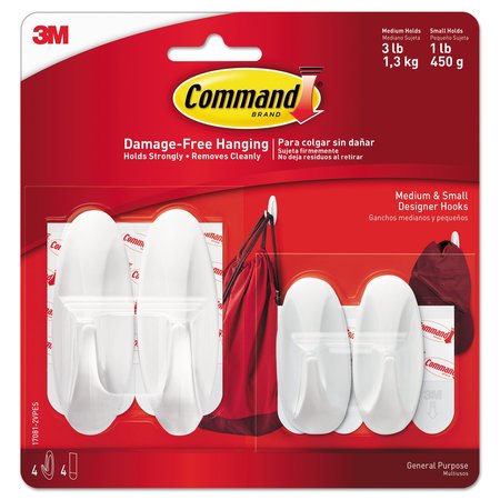 COMMAND General Purpose Designer Hooks, Small/Medium, 3 lb Cap, White, PK4 17081-2VPES